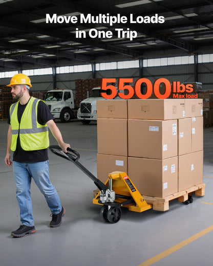 Pallet Jack, 5500 lbs Load Capacity, Manual Pallet Truck with 48L x 27W Inch Forks for Material Handling, 3.35-7.1 Inch Fork Lift Height Range, Suitable for Warehouse, Supermarket, Manufacturing