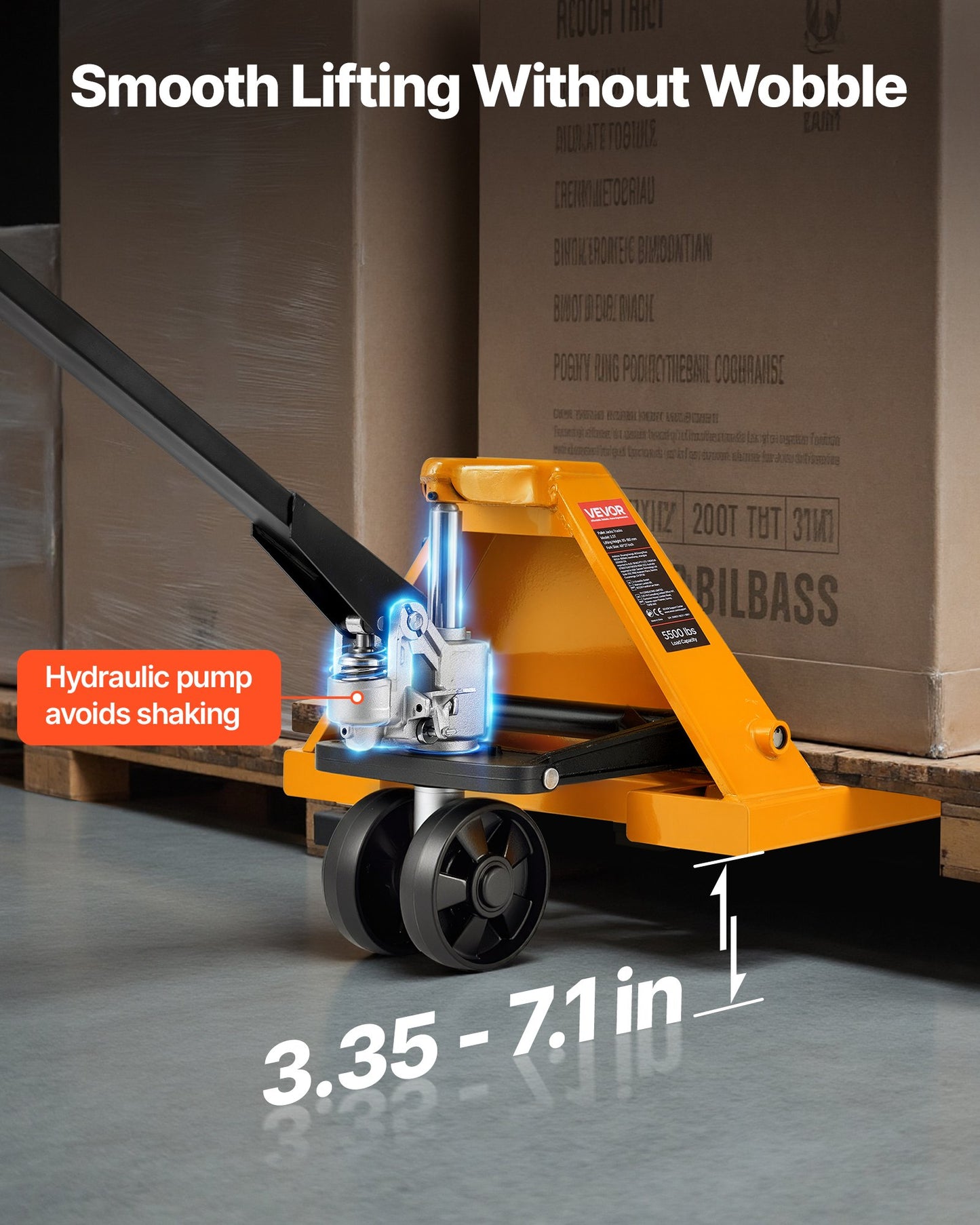 Pallet Jack, 5500 lbs Load Capacity, Manual Pallet Truck with 48L x 27W Inch Forks for Material Handling, 3.35-7.1 Inch Fork Lift Height Range, Suitable for Warehouse, Supermarket, Manufacturing