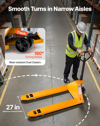 Pallet Jack, 5500 lbs Load Capacity, Manual Pallet Truck with 48L x 27W Inch Forks for Material Handling, 3.35-7.1 Inch Fork Lift Height Range, Suitable for Warehouse, Supermarket, Manufacturing