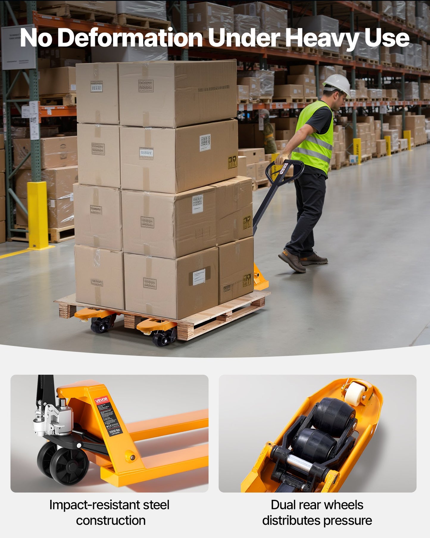 Pallet Jack, 5500 lbs Load Capacity, Manual Pallet Truck with 48L x 27W Inch Forks for Material Handling, 3.35-7.1 Inch Fork Lift Height Range, Suitable for Warehouse, Supermarket, Manufacturing