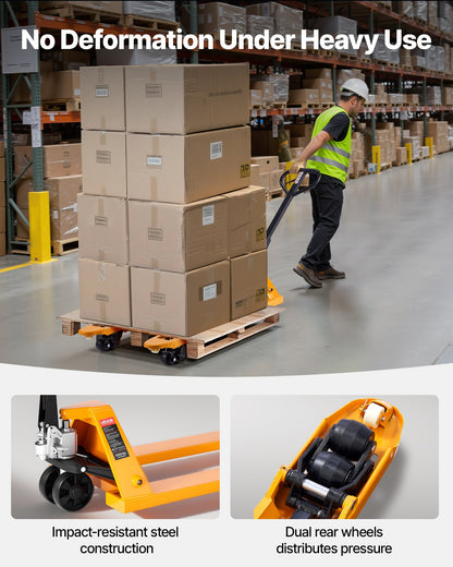 Pallet Jack, 5500 lbs Load Capacity, Manual Pallet Truck with 48L x 27W Inch Forks for Material Handling, 3.35-7.1 Inch Fork Lift Height Range, Suitable for Warehouse, Supermarket, Manufacturing