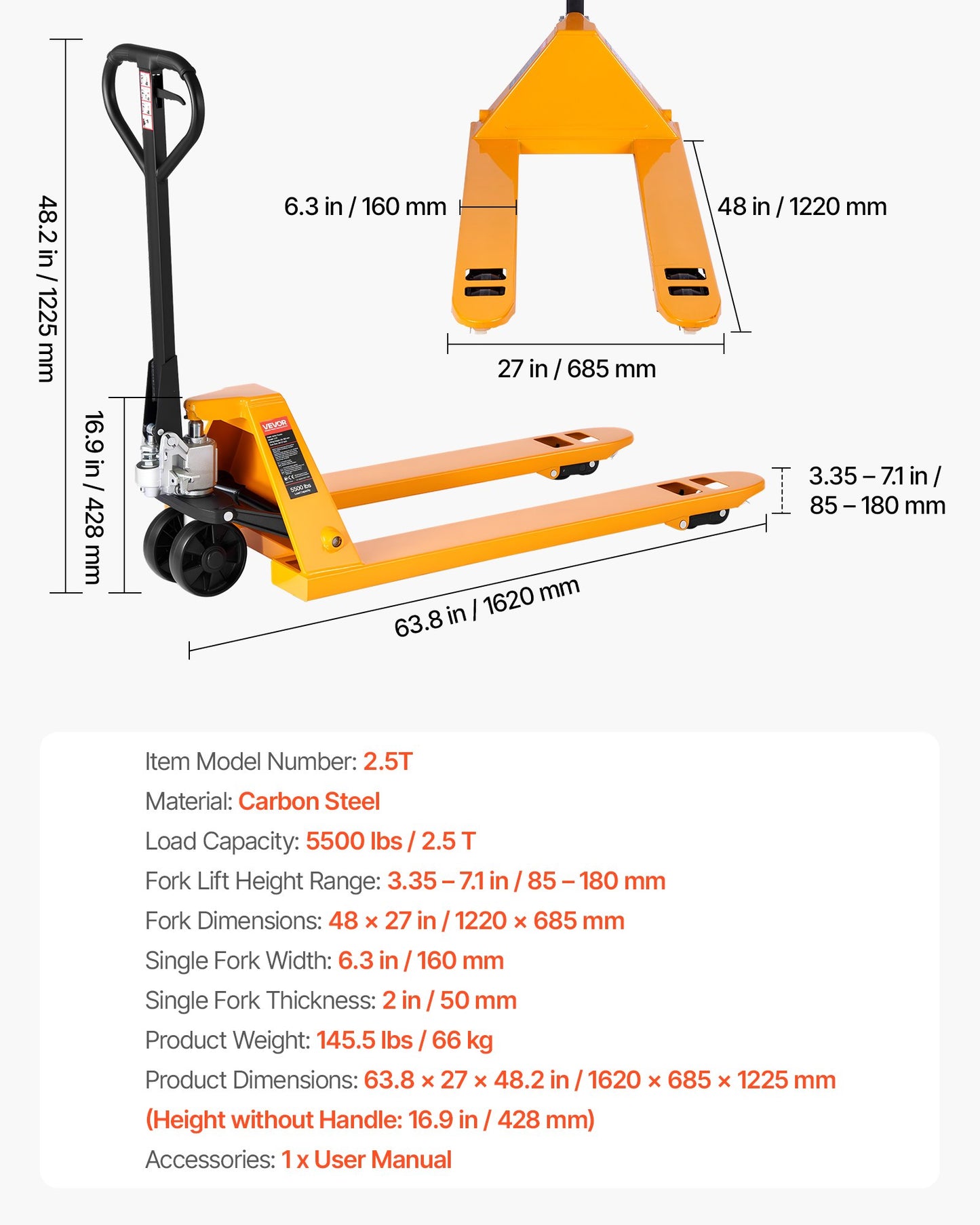 Pallet Jack, 5500 lbs Load Capacity, Manual Pallet Truck with 48L x 27W Inch Forks for Material Handling, 3.35-7.1 Inch Fork Lift Height Range, Suitable for Warehouse, Supermarket, Manufacturing