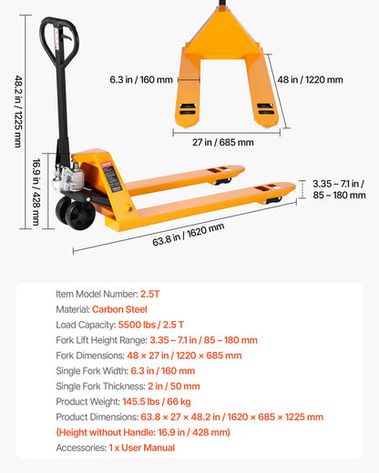 Pallet Jack, 5500 lbs Load Capacity, Manual Pallet Truck with 48L x 27W Inch Forks for Material Handling, 3.35-7.1 Inch Fork Lift Height Range, Suitable for Warehouse, Supermarket, Manufacturing