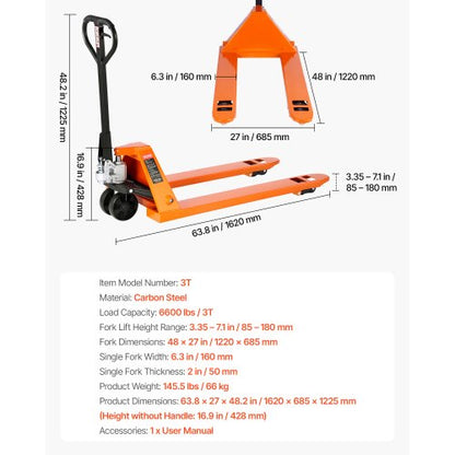 Palltruck, 3T lastkapacitet, manuell palltruck med gafflar 122L x 68,6W cm för materialhantering, lyfthöjd 85-180 mm, lämplig för lager, stormarknad, tillverkning |  EU
