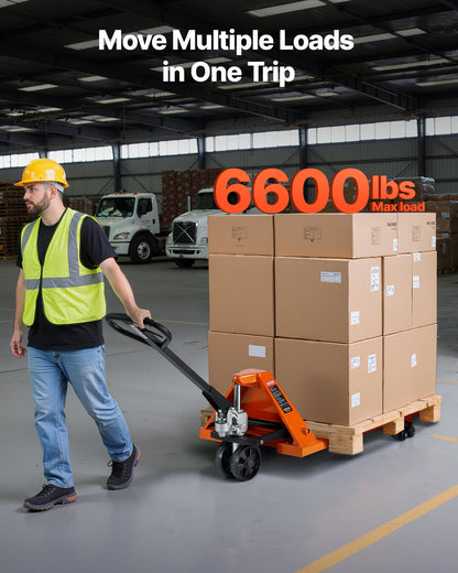 Pallet Jack, 6600 lbs Load Capacity, Manual Pallet Truck with 48L x 27W Inch Forks for Material Handling, 3.35-7.1 Inch Fork Lift Height Range, Suitable for Warehouse, Supermarket, Manufacturing