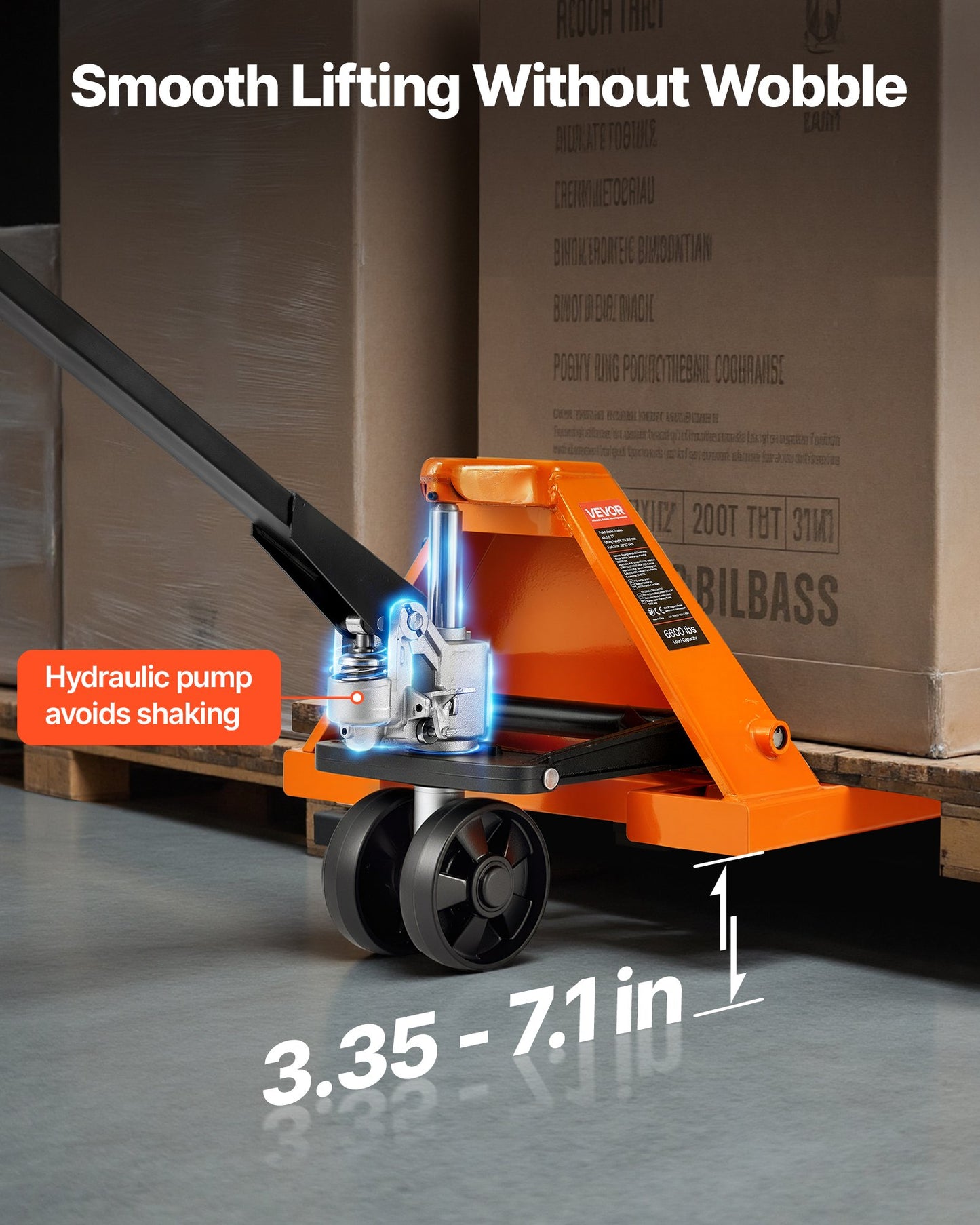 Pallet Jack, 6600 lbs Load Capacity, Manual Pallet Truck with 48L x 27W Inch Forks for Material Handling, 3.35-7.1 Inch Fork Lift Height Range, Suitable for Warehouse, Supermarket, Manufacturing