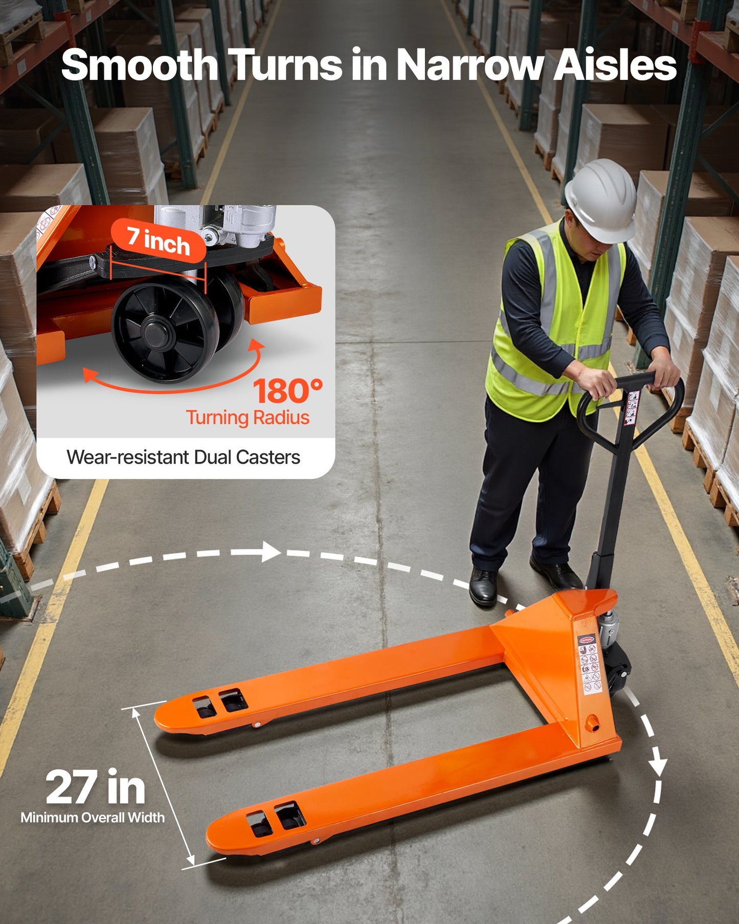 Pallet Jack, 6600 lbs Load Capacity, Manual Pallet Truck with 48L x 27W Inch Forks for Material Handling, 3.35-7.1 Inch Fork Lift Height Range, Suitable for Warehouse, Supermarket, Manufacturing