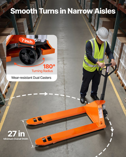 Pallet Jack, 6600 lbs Load Capacity, Manual Pallet Truck with 48L x 27W Inch Forks for Material Handling, 3.35-7.1 Inch Fork Lift Height Range, Suitable for Warehouse, Supermarket, Manufacturing