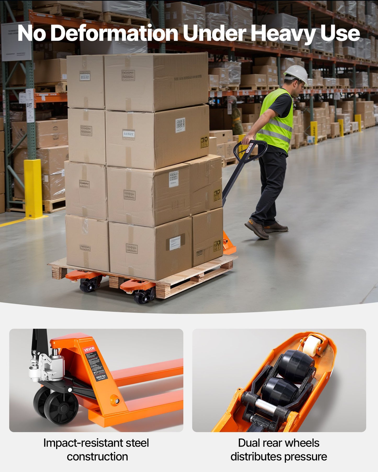 Pallet Jack, 6600 lbs Load Capacity, Manual Pallet Truck with 48L x 27W Inch Forks for Material Handling, 3.35-7.1 Inch Fork Lift Height Range, Suitable for Warehouse, Supermarket, Manufacturing