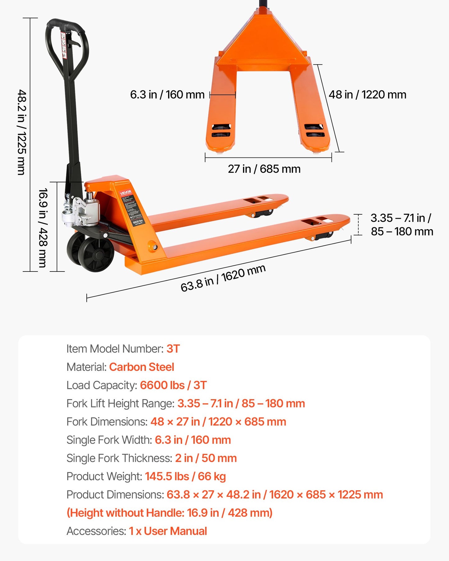 Pallet Jack, 6600 lbs Load Capacity, Manual Pallet Truck with 48L x 27W Inch Forks for Material Handling, 3.35-7.1 Inch Fork Lift Height Range, Suitable for Warehouse, Supermarket, Manufacturing