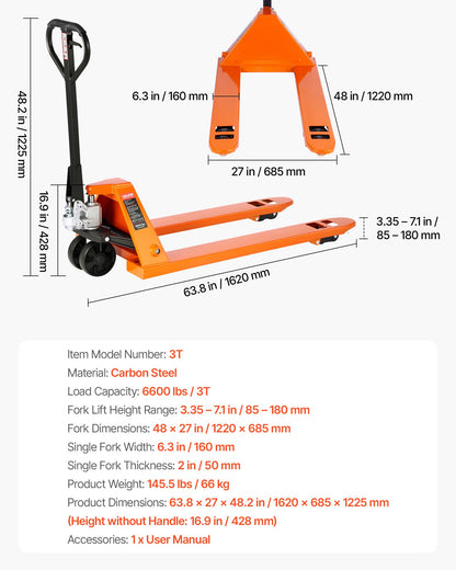 Pallet Jack, 6600 lbs Load Capacity, Manual Pallet Truck with 48L x 27W Inch Forks for Material Handling, 3.35-7.1 Inch Fork Lift Height Range, Suitable for Warehouse, Supermarket, Manufacturing