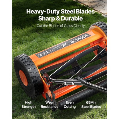14" gräsklippare med skjuthjul, 5-bladig gräsuppsamlare, justerbar höjd och 2 hjul
