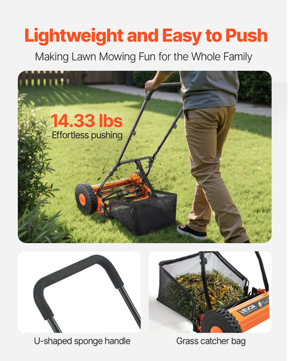 Push Reel Lawn Mower 14 inch, 5 Blades Manual Push Mower No Motor, 0.6-1.75 in Adjustable Cutting Height, Walk-Behind Lawn Mowers with Grass Catcher Bag for Green Lawns, Driveways, Courtyards