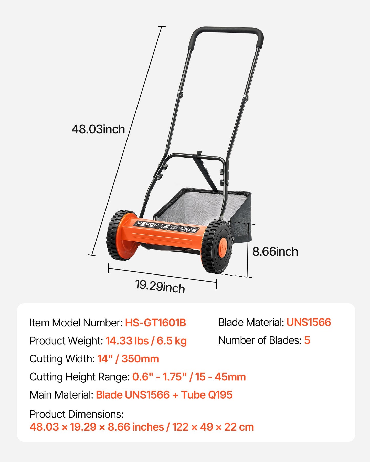 Push Reel Lawn Mower 14 inch, 5 Blades Manual Push Mower No Motor, 0.6-1.75 in Adjustable Cutting Height, Walk-Behind Lawn Mowers with Grass Catcher Bag for Green Lawns, Driveways, Courtyards