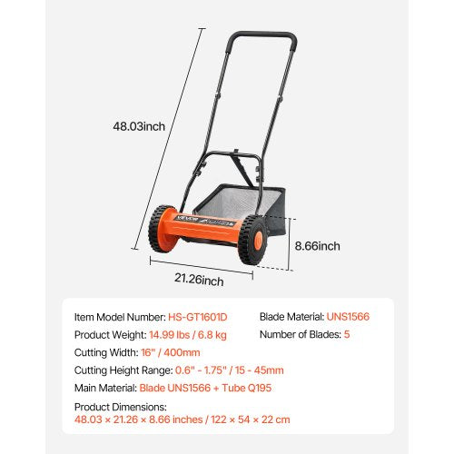 16" gräsklippare med skjuthjul, 5-bladig gräsuppsamlare, justerbar höjd och 2 hjul