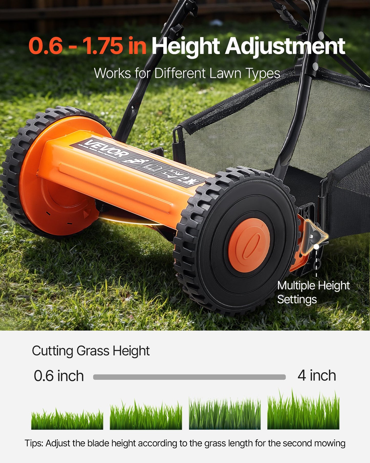 Push Reel Lawn Mower 16 inch, 5 Blades Manual Push Mower No Motor, 0.6-1.75 in Adjustable Cutting Height, Walk-Behind Lawn Mowers with Grass Catcher Bag for Green Lawns, Driveways, Courtyards