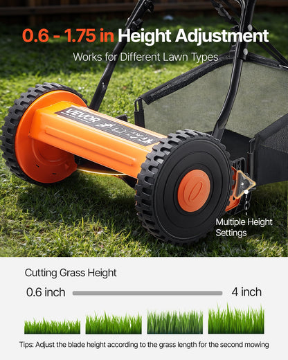 Push Reel Lawn Mower 16 inch, 5 Blades Manual Push Mower No Motor, 0.6-1.75 in Adjustable Cutting Height, Walk-Behind Lawn Mowers with Grass Catcher Bag for Green Lawns, Driveways, Courtyards