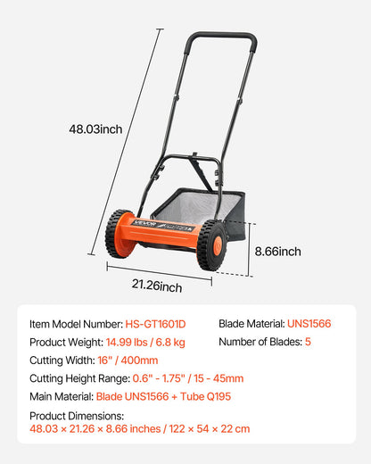 Push Reel Lawn Mower 16 inch, 5 Blades Manual Push Mower No Motor, 0.6-1.75 in Adjustable Cutting Height, Walk-Behind Lawn Mowers with Grass Catcher Bag for Green Lawns, Driveways, Courtyards