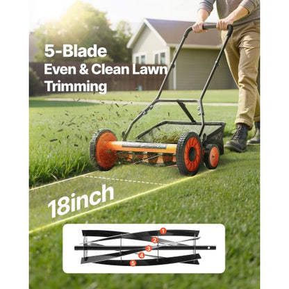 18" push-wheel lawn mower, 5-blade grass collector, adjustable height and 4 wheels
