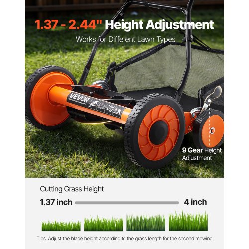 18" push-wheel lawn mower, 5-blade grass collector, adjustable height and 4 wheels