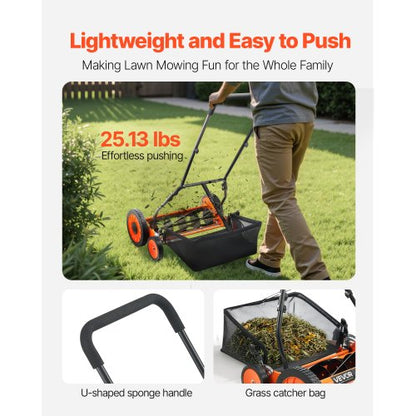 18" push-wheel lawn mower, 5-blade grass collector, adjustable height and 4 wheels