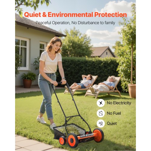 18" push-wheel lawn mower, 5-blade grass collector, adjustable height and 4 wheels