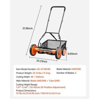 18" push-wheel lawn mower, 5-blade grass collector, adjustable height and 4 wheels