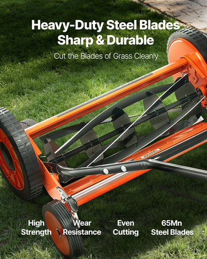 Push Reel Lawn Mower 18 inch, 5 Blades Manual Push Mower No Motor, 1.37-2.44 in Adjustable Cutting Height, Walk-Behind Lawn Mowers with Grass Catcher Bag for Green Lawns, Driveways, Courtyards