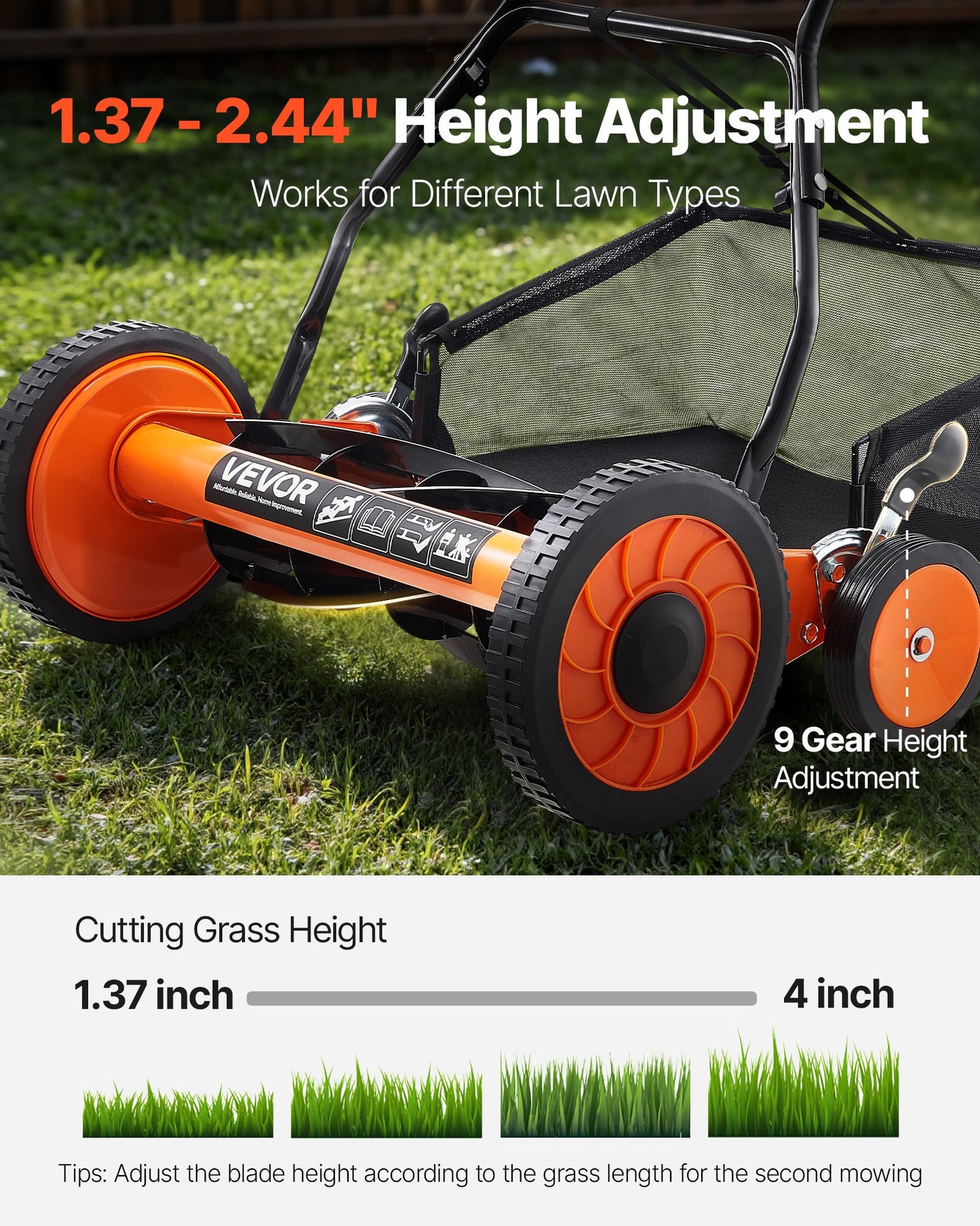 Push Reel Lawn Mower 18 inch, 5 Blades Manual Push Mower No Motor, 1.37-2.44 in Adjustable Cutting Height, Walk-Behind Lawn Mowers with Grass Catcher Bag for Green Lawns, Driveways, Courtyards