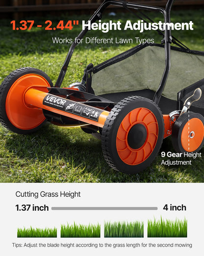 Push Reel Lawn Mower 18 inch, 5 Blades Manual Push Mower No Motor, 1.37-2.44 in Adjustable Cutting Height, Walk-Behind Lawn Mowers with Grass Catcher Bag for Green Lawns, Driveways, Courtyards