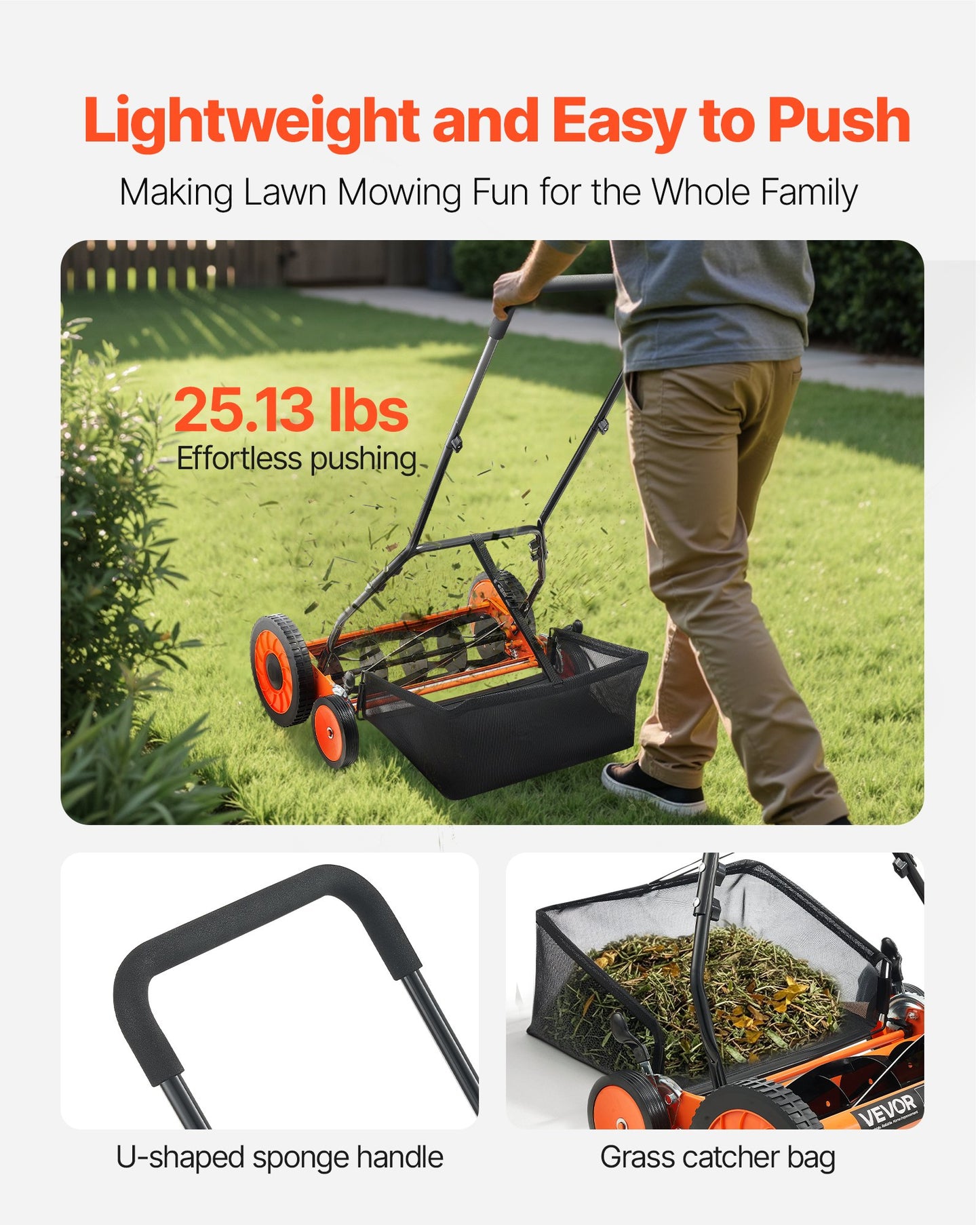 Push Reel Lawn Mower 18 inch, 5 Blades Manual Push Mower No Motor, 1.37-2.44 in Adjustable Cutting Height, Walk-Behind Lawn Mowers with Grass Catcher Bag for Green Lawns, Driveways, Courtyards