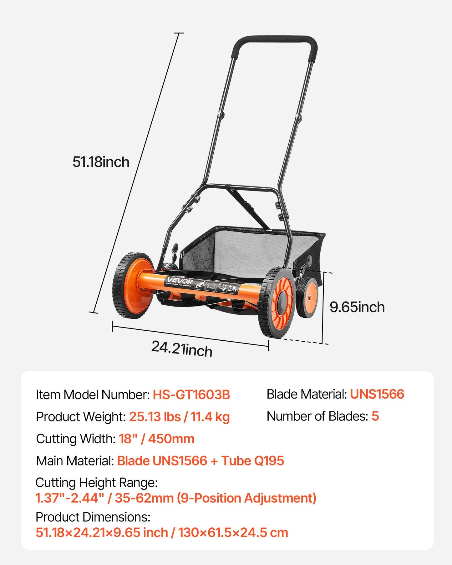 Push Reel Lawn Mower 18 inch, 5 Blades Manual Push Mower No Motor, 1.37-2.44 in Adjustable Cutting Height, Walk-Behind Lawn Mowers with Grass Catcher Bag for Green Lawns, Driveways, Courtyards