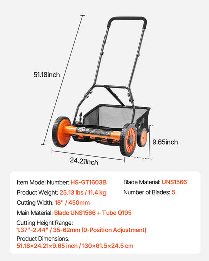 Push Reel Lawn Mower 18 inch, 5 Blades Manual Push Mower No Motor, 1.37-2.44 in Adjustable Cutting Height, Walk-Behind Lawn Mowers with Grass Catcher Bag for Green Lawns, Driveways, Courtyards