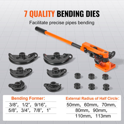 Pipe Tube Bender, 3/8" to 1" OD Manual Pipe Tube Bender with 7 Bending Dies, 180° Copper Aluminum Pipes Bending Tools for HVAC Air Conditioning Refrigerator Auto Repair