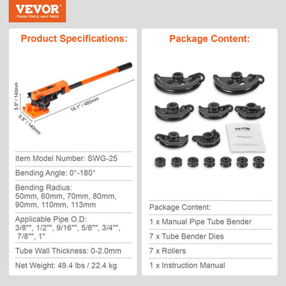 Pipe Tube Bender, 3/8" to 1" OD Manual Pipe Tube Bender with 7 Bending Nozzles, 180° Copper Aluminum Pipe Bending Tool for Plumbing Air Conditioner Refrigerator Car Repair