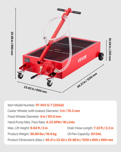 Low Profile Oil Drain Pan, 20 Gallon Capacity, Rolling Oil Drain Pan with Manual Pump, 7.2 ft Hose & T Folding Handle, Leak-proof & Corrosion-resistant, Fit for Cars, SUVs, Trucks, ATVs, Red