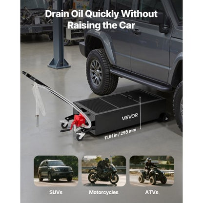 lågprofils oljetråg, 94,6 l kapacitet, rullande oljetråg med manuell pump, 2,2 m slang och vikbart T-handtag, läckagesäker och korrosionsbeständig, lämplig för bilar, stadsjeepar, lastbilar, fyrhjulingar, svart |  EU