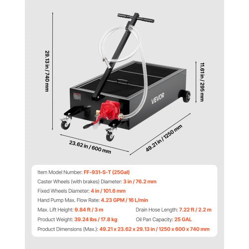 lågprofils oljetråg, 94,6 l kapacitet, rullande oljetråg med manuell pump, 2,2 m slang och vikbart T-handtag, läckagesäker och korrosionsbeständig, lämplig för bilar, stadsjeepar, lastbilar, fyrhjulingar, svart |  EU