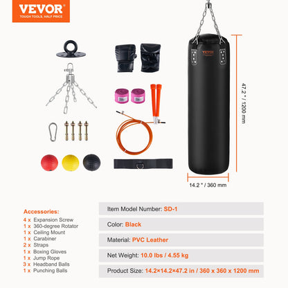 Punching Bag for Adults, 48" PVC Heavy Boxing Bag Set, Punching Bag with Chains and Gloves, Hanging Punching Bag for MMA Karate Judo, Muay Thai Kickboxing, Boxing at Home, (Unfilled)