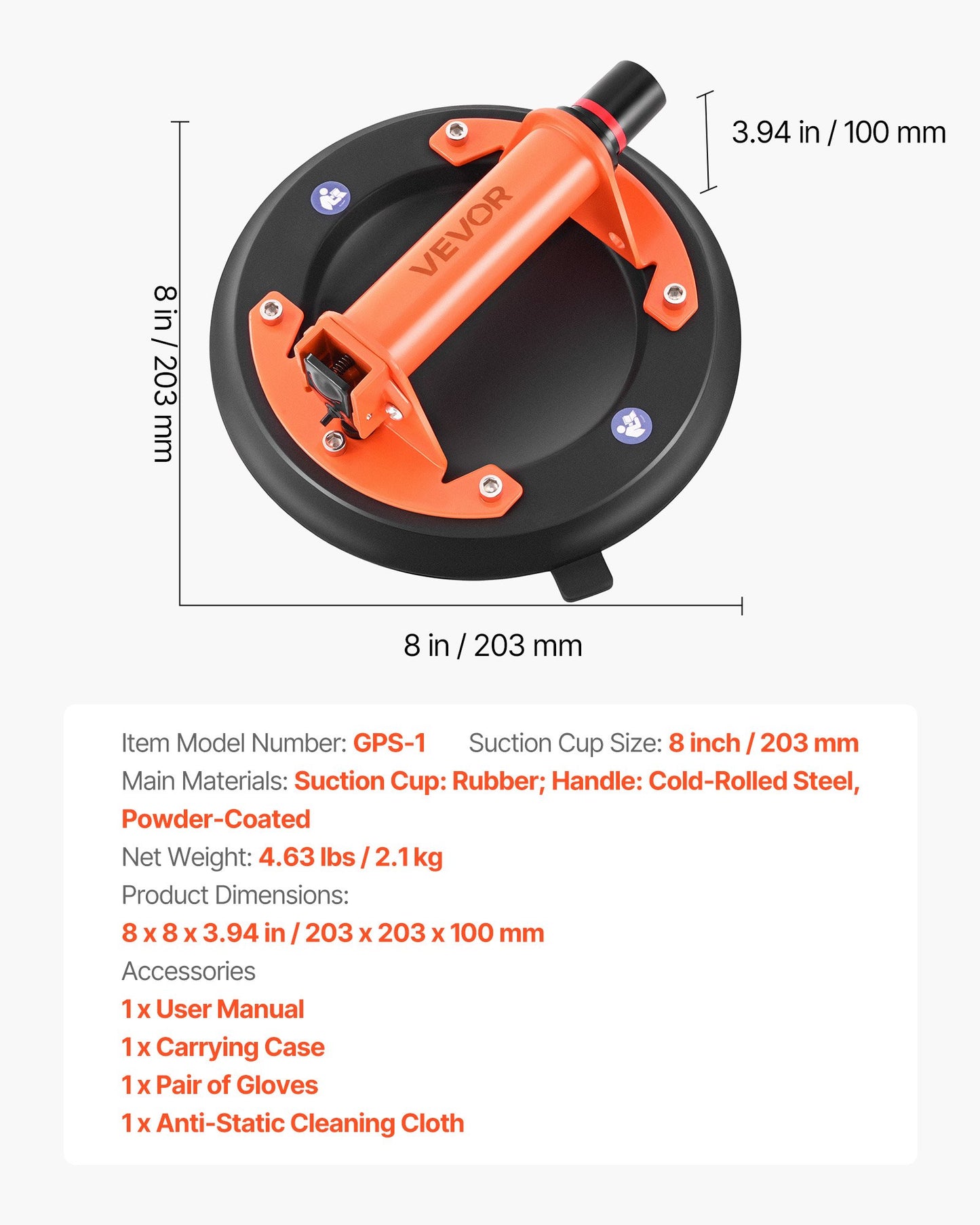 Vacuum Suction Cup, 8-Inch Vacuum Glass Lifter with Metal Handle, 429 lbs Max Lifting Capacity Tile Suction Cup Tool with Carrying Case for Lifting Large Tile, Granite, Drywall, Windows (2-Pack)