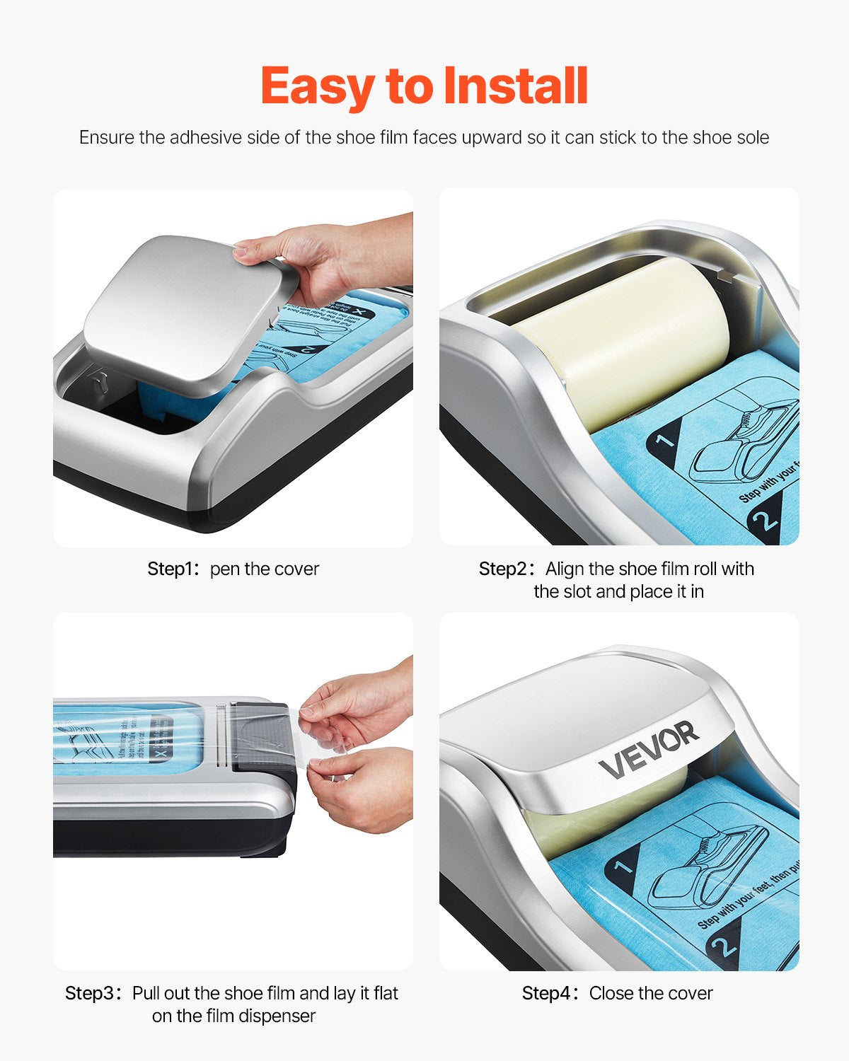 Shoe Cover Dispenser, Automatic Shoe Film Machine with 1 Roll (600 Pcs) of Non-Slip Disposable Sole Membrane, Fits Size Up to US 11, for Home, Office, Lab, Factory, Hospital, Indoor Use, Silver