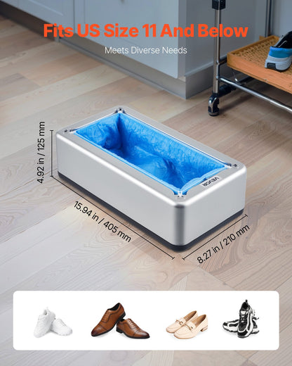 Shoe Cover Dispenser, Automatic Shoe Covers Dispenser with 100 Pcs of Non-Slip Disposable Shoes Covers, Fits Size Up to US 11, for Home, Office, Lab, Factory, Hospital, Indoor Use, Silver