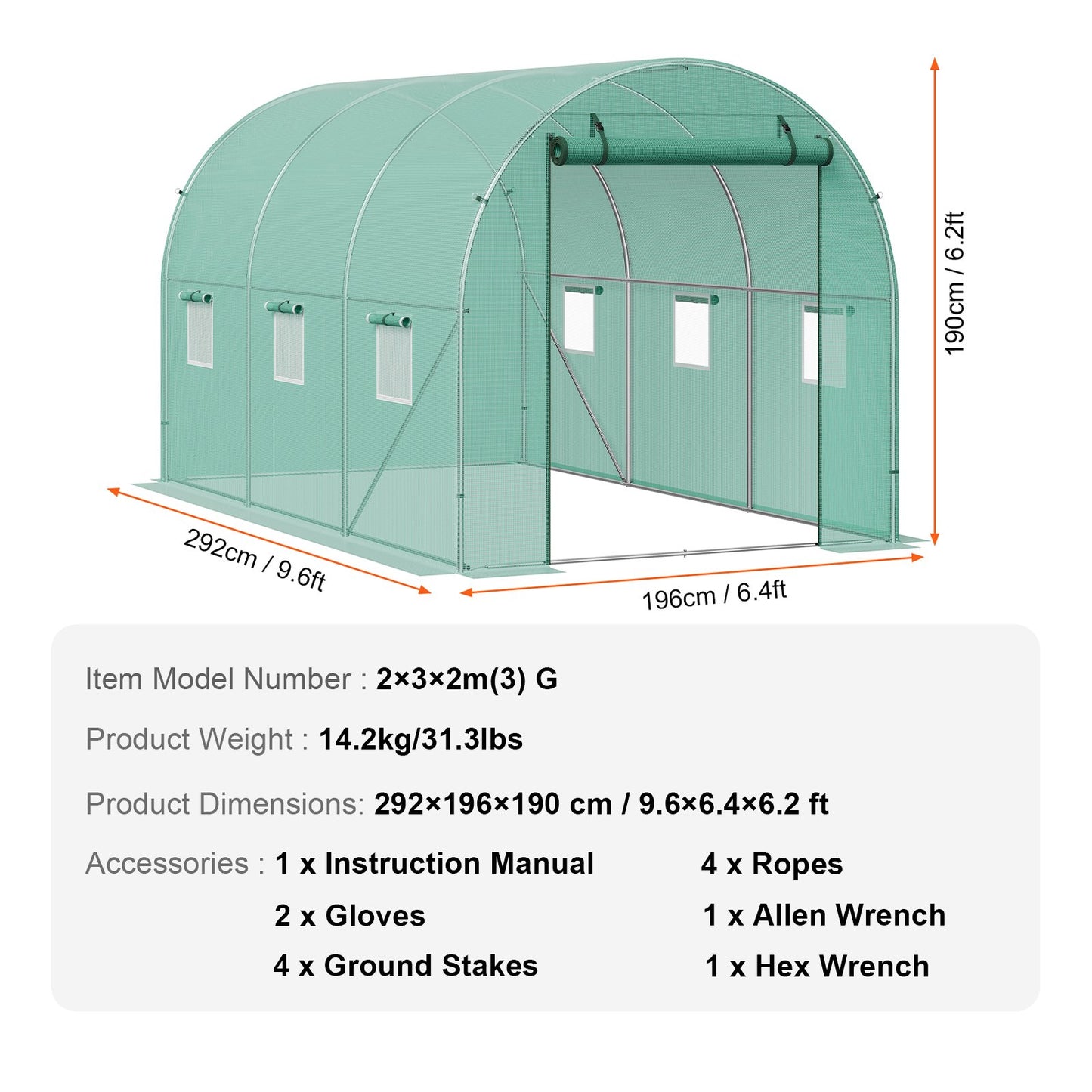 Walk-in Tunnel Greenhouse 9.58x6.43x6.23 ft Galvanized Frame PE Lid Green