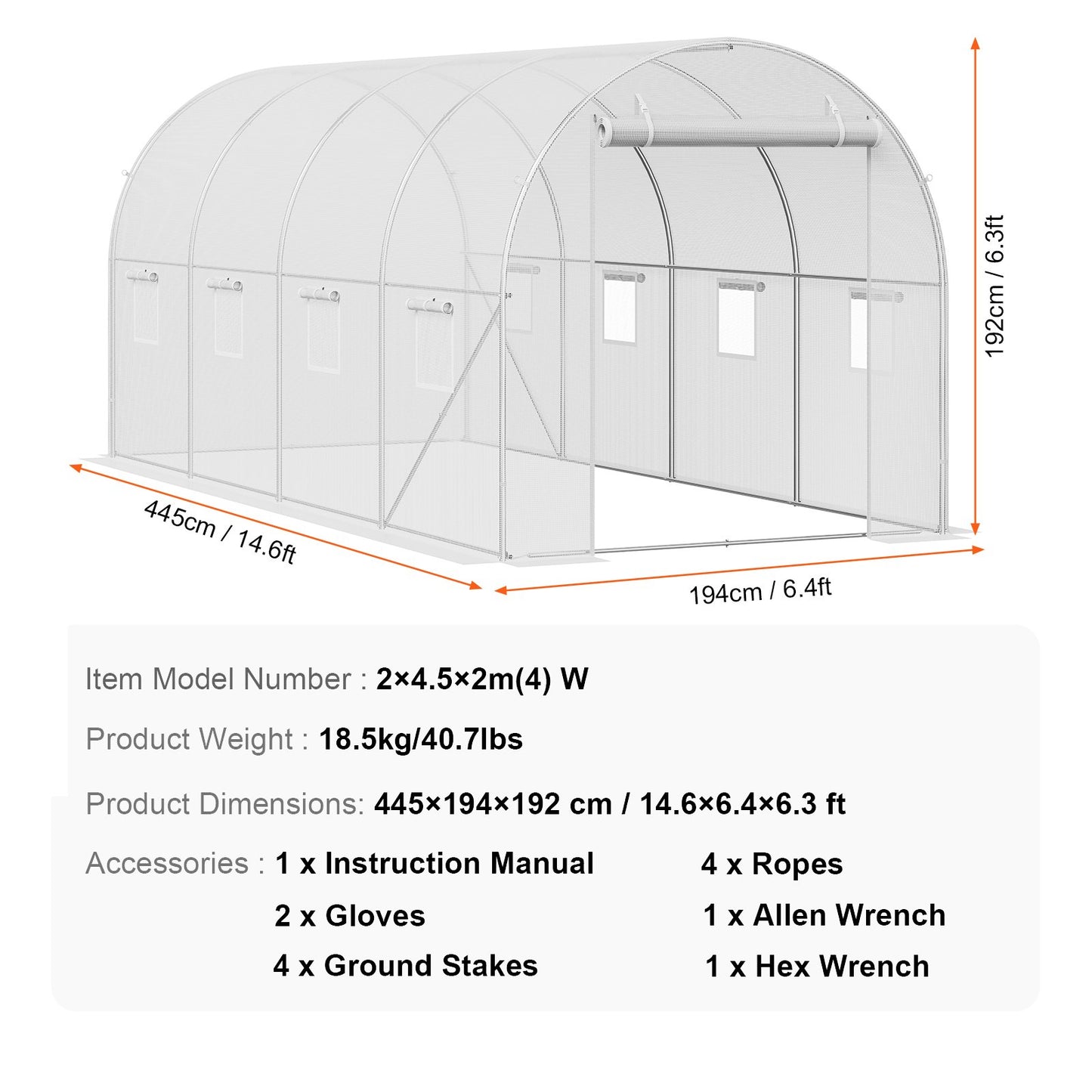 Begehbares Tunnelgewächshaus 14,6x6,36x6,3ft Verzinkter Rahmen PE-Abdeckung Weiß