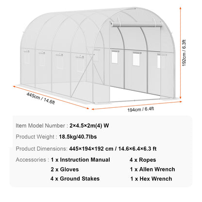 Begehbares Tunnelgewächshaus 14,6x6,36x6,3ft Verzinkter Rahmen PE-Abdeckung Weiß