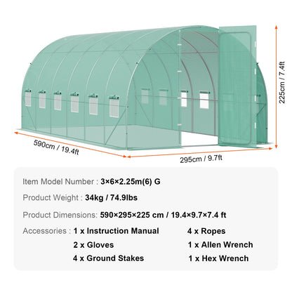 Walk-in Tunnel Greenhouse 19.36x9.68x7.4ft Galvanized Frame PE Cover Green