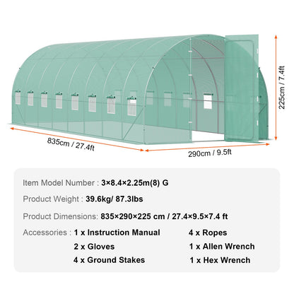 Walk-in Tunnel Greenhouse 27.38x9.5x7.38ft Galvanized Frame PE Cover Green