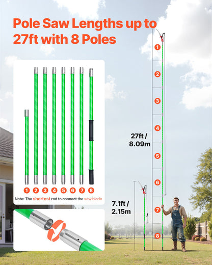 Manual Pole Saw, 3.87-27 ft Extendable Pole Tree Pruner with Scissors, Sharp 65Mn Steel Blade, Lightweight Fiberglass Handle Pole, for High Branch Trimming, Pruning Tool for Palms and Shrubs