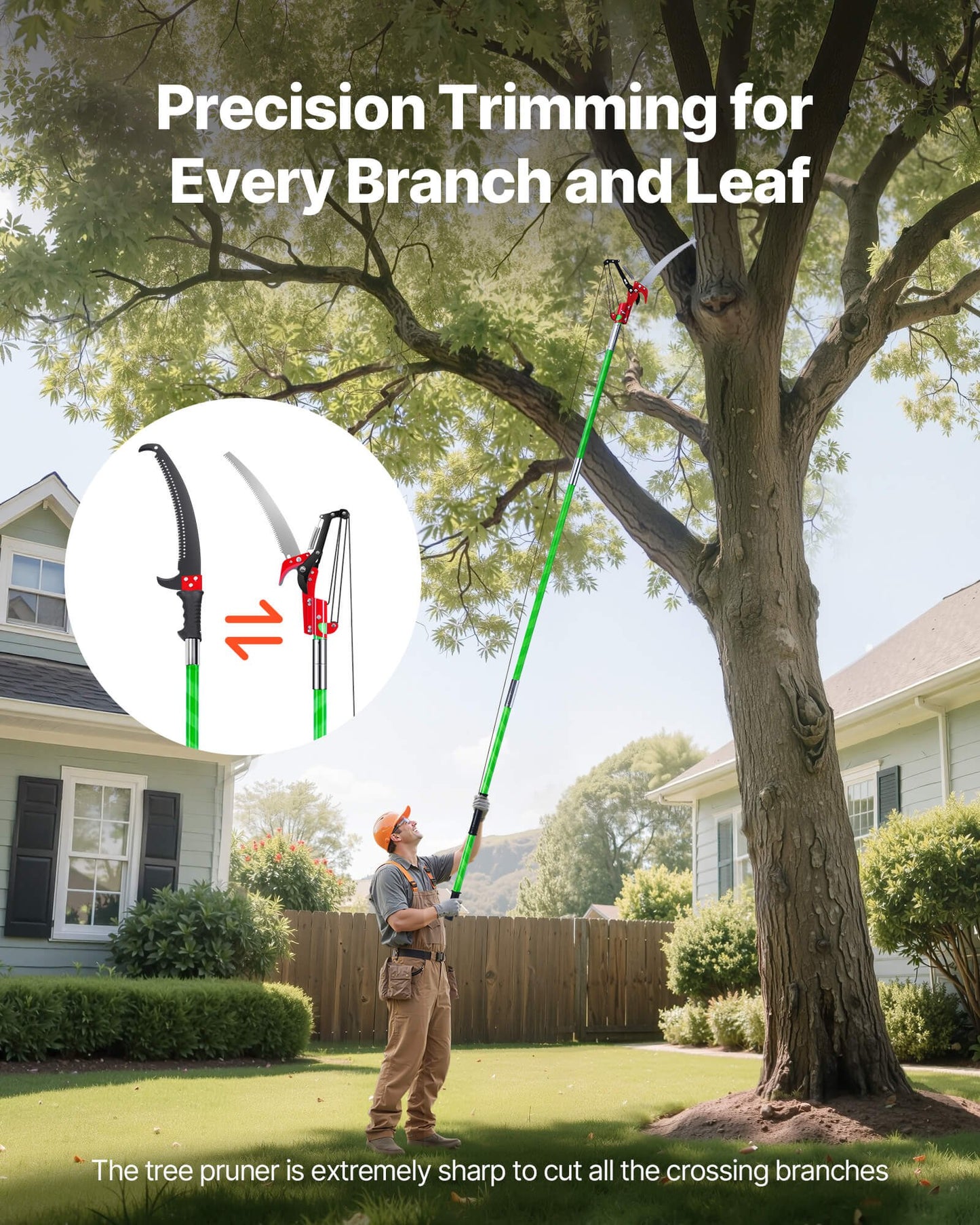 Manual Pole Saw, 3.87-27 ft Extendable Pole Tree Pruner with Scissors, Sharp 65Mn Steel Blade, Lightweight Fiberglass Handle Pole, for High Branch Trimming, Pruning Tool for Palms and Shrubs