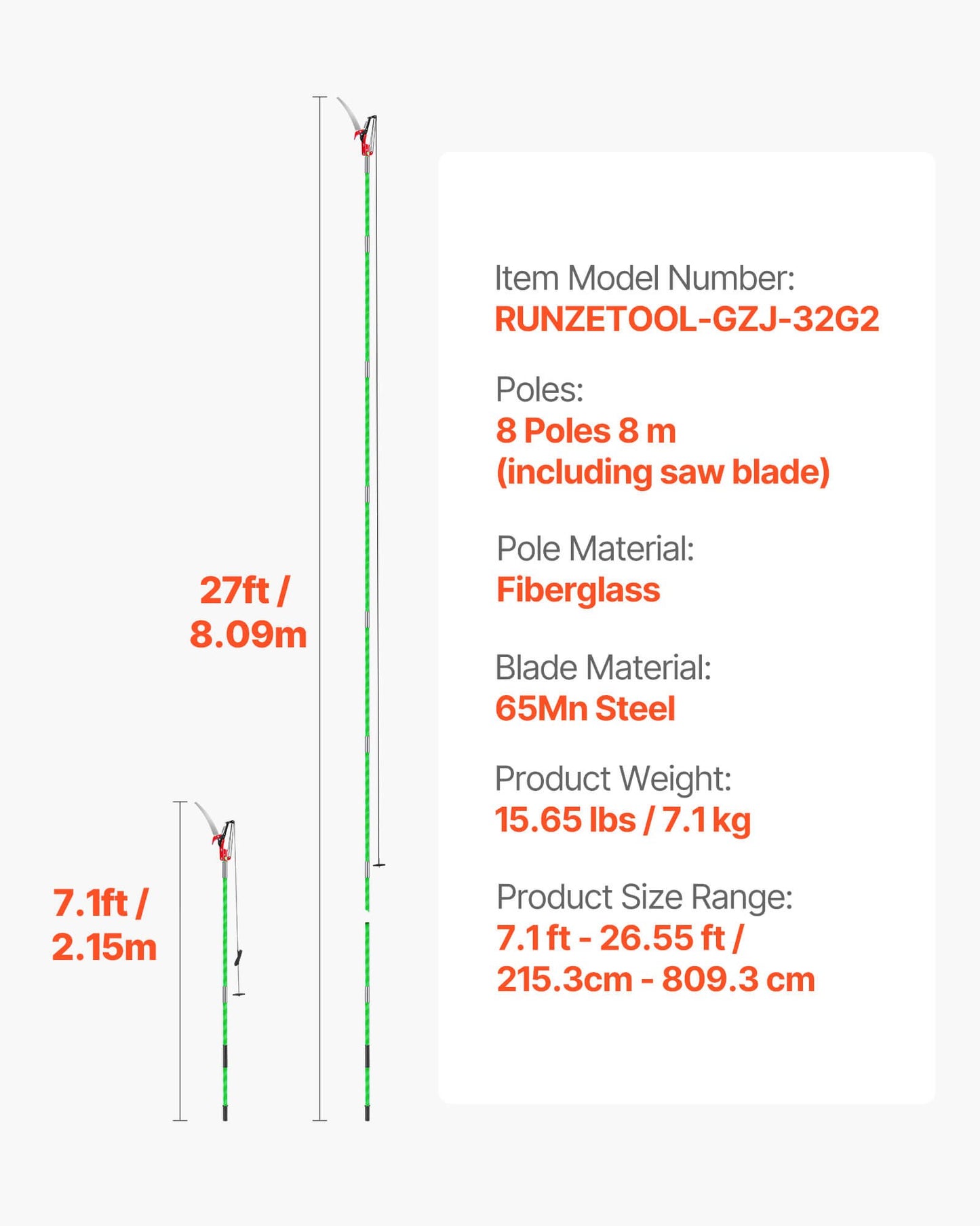 Manual Pole Saw, 3.87-27 ft Extendable Pole Tree Pruner with Scissors, Sharp 65Mn Steel Blade, Lightweight Fiberglass Handle Pole, for High Branch Trimming, Pruning Tool for Palms and Shrubs